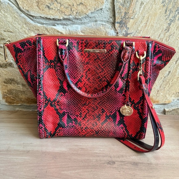 Brahmin Red Caroline Snake Print Small Satchel Melbourne Collection - Picture 2 of 13